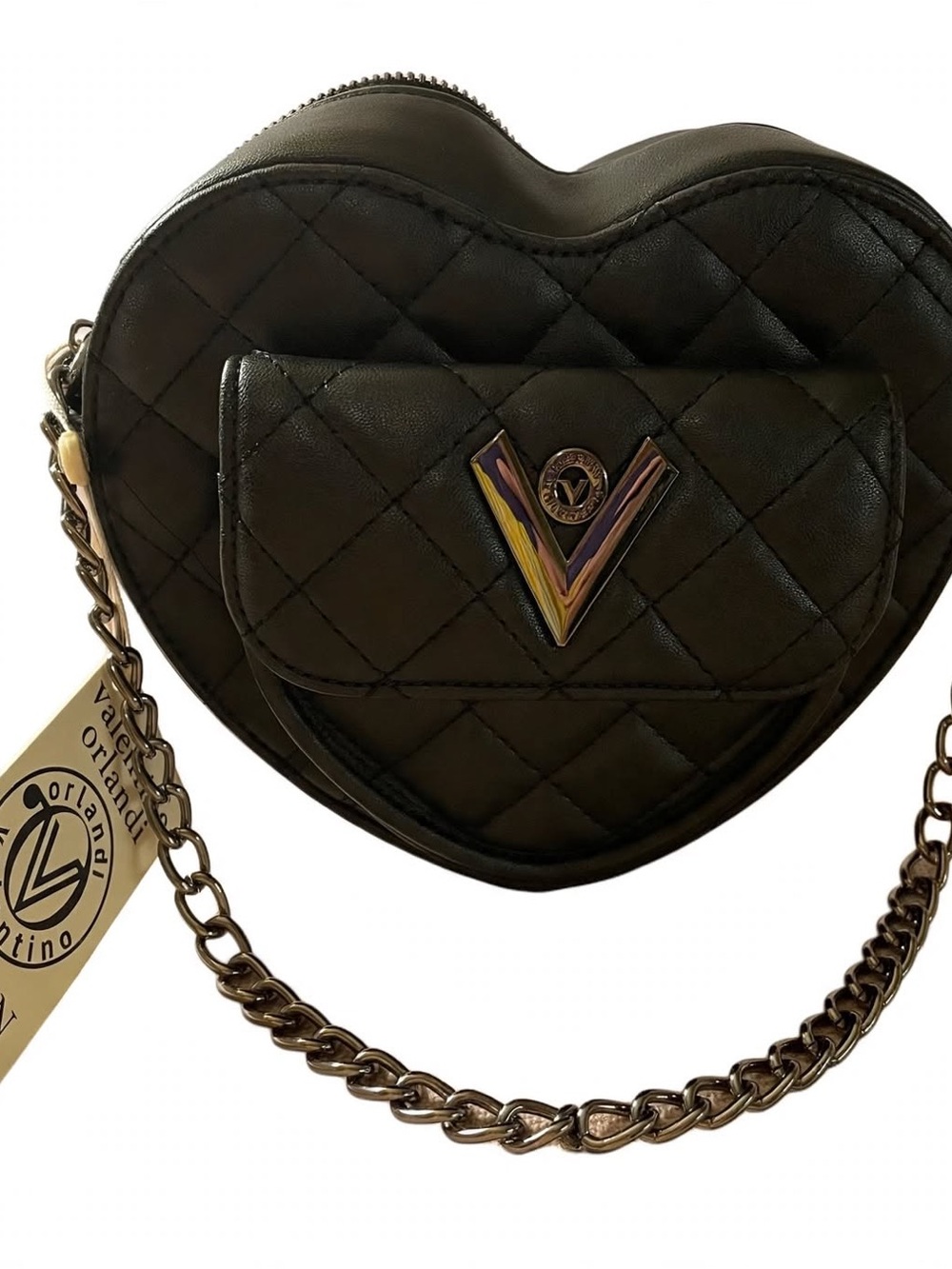 Valentino Black Quilted Heart Crossbody with V Emblem and Chain Strap